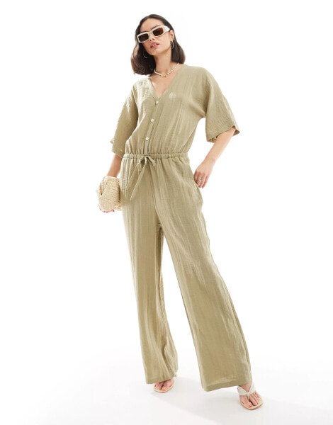 Pretty Lavish balloon sleeve shirred jumpsuit in olive