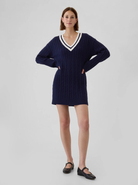 CashSoft Varsity Cable-Knit Mini Sweater Dress