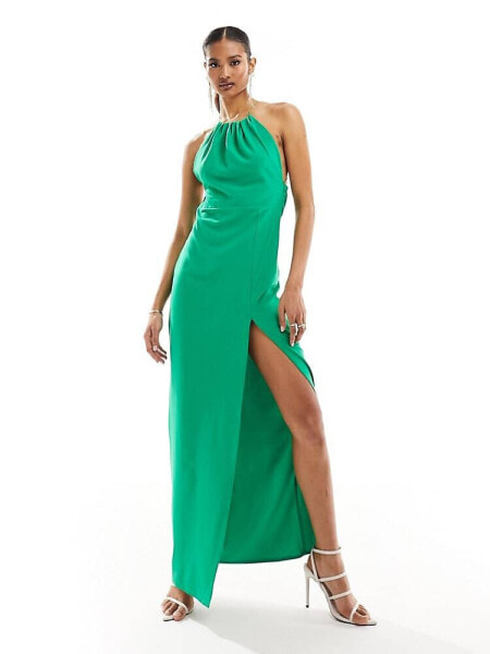 Vesper halterneck cross back maxi dress in green