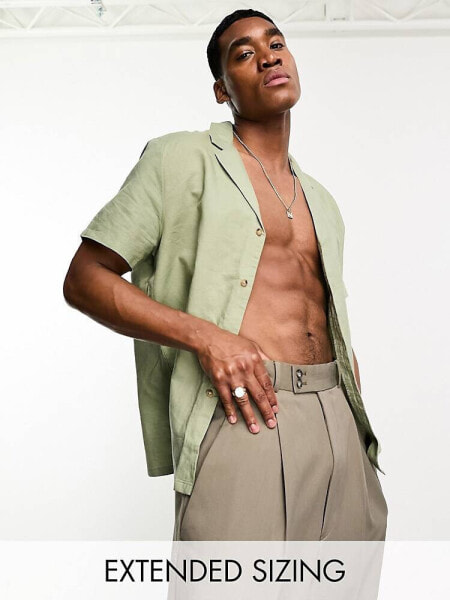 ASOS DESIGN relaxed deep revere linen mix shirt in khaki