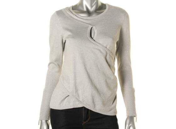 Thalia Sodi New Metallic Zipper Cuffs Pullover Keyhole Sweater Silver Size XL