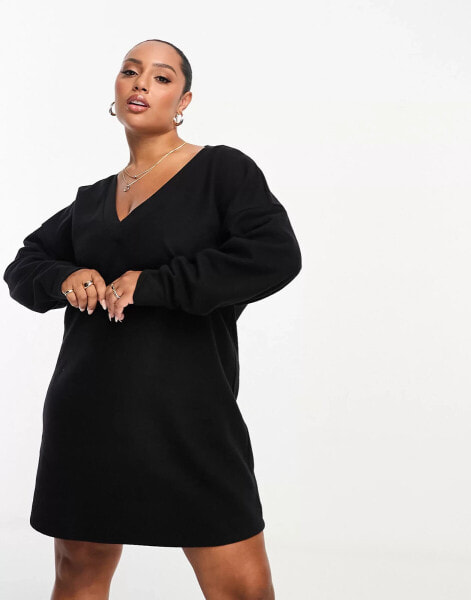 ASOS DESIGN Curve supersoft slouchy v neck jumper mini dress in black