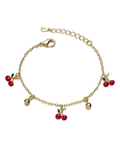 14k Yellow Gold Plated Adjustable Bracelet with Red Enamel Cherry Charms for Kids