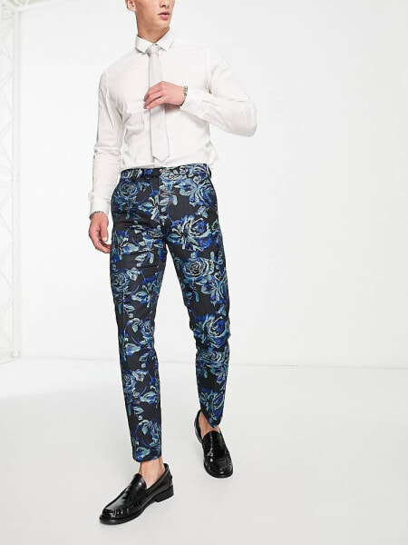 Twisted Tailor owsley suit trousers in black with teal and mint floral jacquard