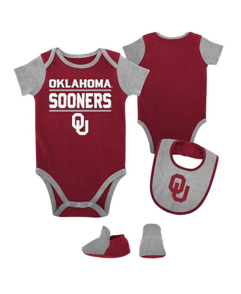Newborn and Infant Boys and Girls Crimson Oklahoma Sooners Home Field Advantage Three-Piece Bodysuit, Bib and Booties Set