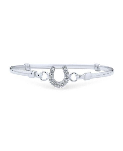 Good Luck Horseshoe Bangle Equestrian Bracelet For Women Graduation Gift Cubic Zirconia CZ Pave .925 Sterling Silver