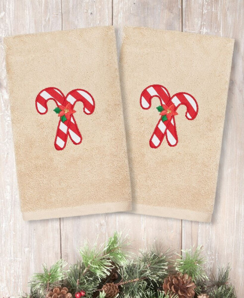 Christmas Candy Canes Embroidered 100% Turkish Cotton 2-Pc. Hand Towel Set