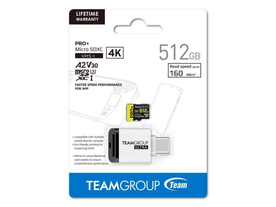 Team 512GB Pro+ microSDXC UHS-I/U3 Memory Card with CRI card reader, compatible