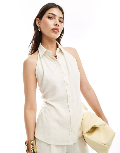 Stradivarius sleeveless rustic linen look blouse in stone