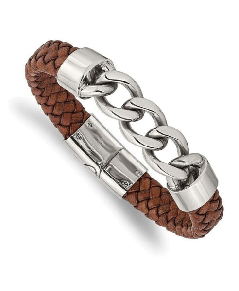 Stainless Steel Chain and Braided Brown Leather Bracelet