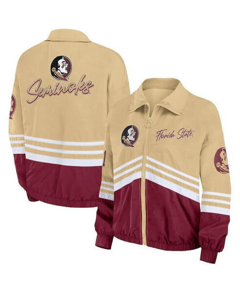 Women's Tan Distressed Florida State Seminoles Vintage-Like Throwback Windbreaker Full-Zip Jacket