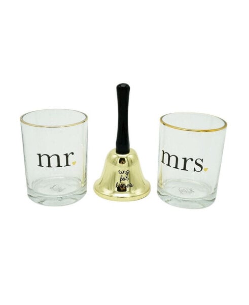 Mr and Mrs Rocks Glasses and Hand Bell Set, 3 Pieces