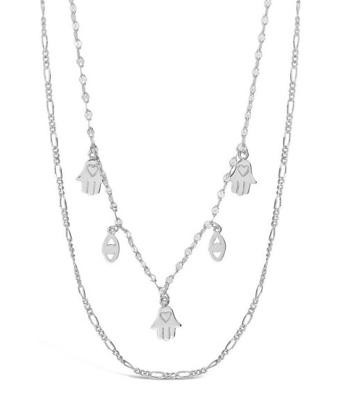 Sterling Forever women's Evil Eye Hamsa and Figaro Chain Layered Necklace