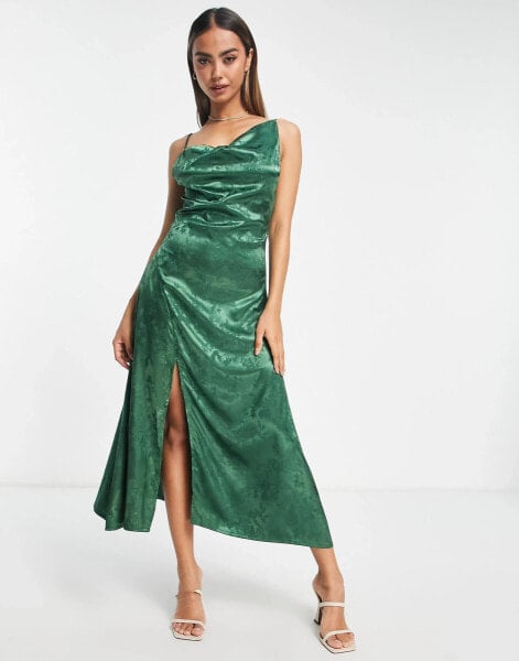 Glamorous asymmetric strap midi shift dress in green jacquard