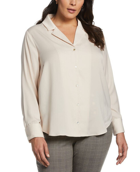 Plus Size Notch Collar Silk Long Sleeve Button-Down Blouse