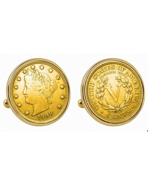 Запонки American Coin Treasures с золоченым ободком монеты Liberty Nickel.