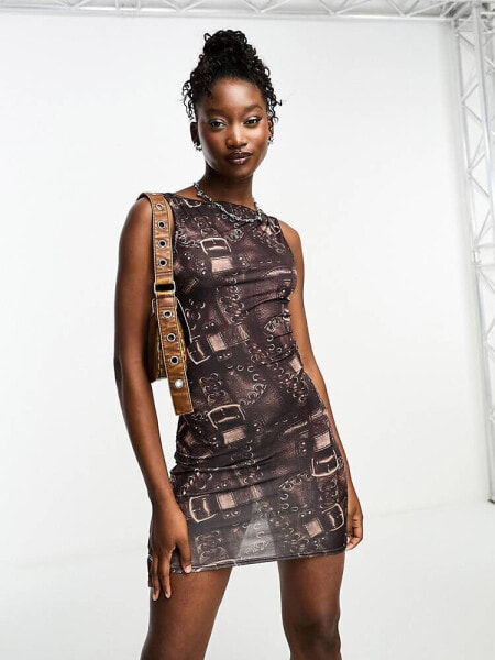 Tammy Girl slash neck slinky mini dress in leather patchwork print