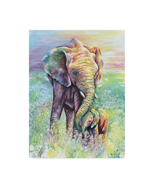 Картина холст 'Мать и сын слонов радужных цветов' от michelle Faber - 14" x 19" Trademark Global