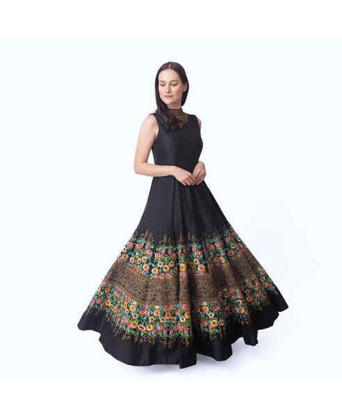 Women's Black Floral Embroidered Evening Gown