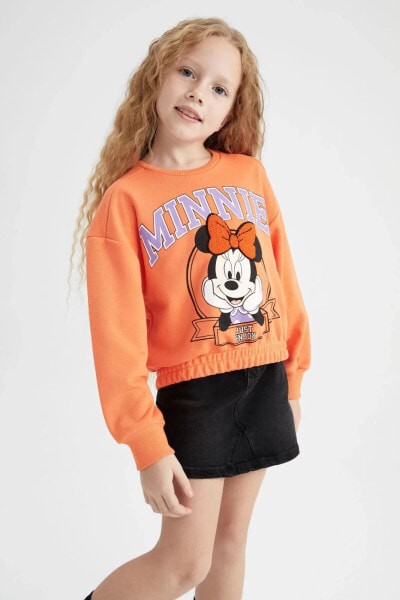 Kız Çocuk Disney Mickey & Minnie Crop Bisiklet Yaka Sweatshirt