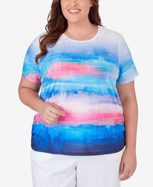 Plus Size Paradise Island Short Sleeve Watercolor Stripe Top with Side Ruching