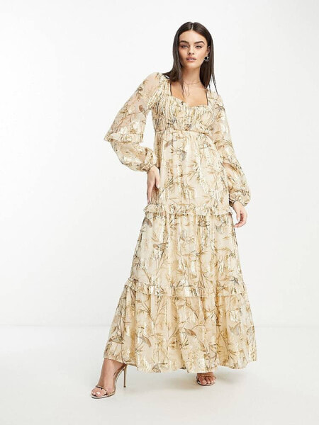 ASOS DESIGN sweetheart neck pleated maxi dress with frills in printed floral metallic jacquard