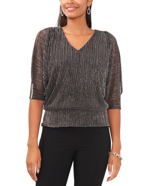 Petite Metallic V-Neck Elbow-Sleeve Blouse