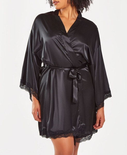 Plus Size Silky Laced Trim Short Robe