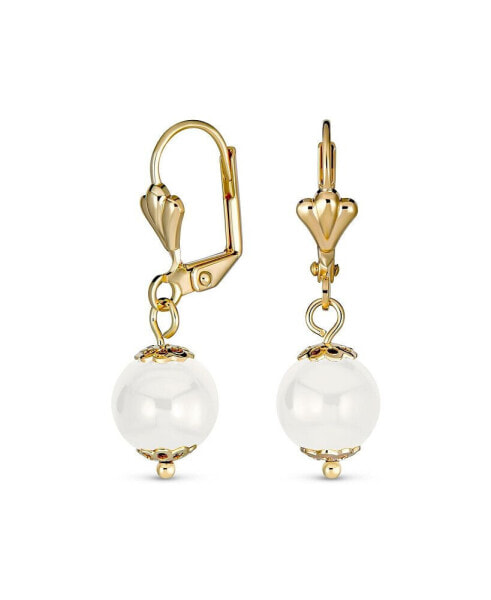 Classic Elegant Simple Round White Onyx Dangle Lever Back Drop Ball Earrings For Women Polished Yellow 18K Gold Plated Brass 8MM