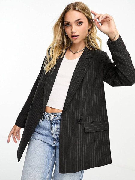 New Look pinstripe blazer in dark grey