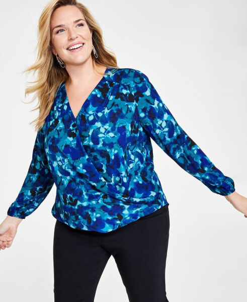 Plus Size Floral-Print Surplice-Neck Top, Created for Macy's