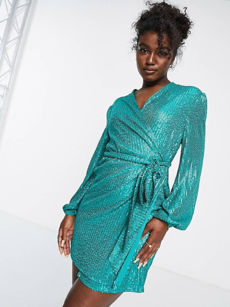 Style Cheat balloon sleeve sequin mini dress in turquoise blue