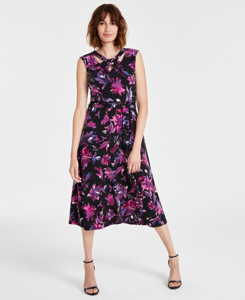 Women's Printed Twist-Neck Extended-Cap-Sleeve Dress