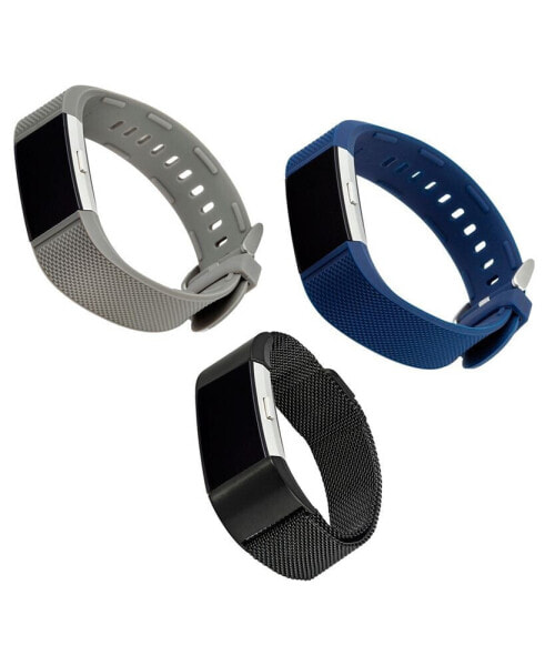 Gray and Blue Woven Silicone Band, Black Stainless Steel Mesh Band Set, 3 Piece Compatible with the Fitbit Charge 2