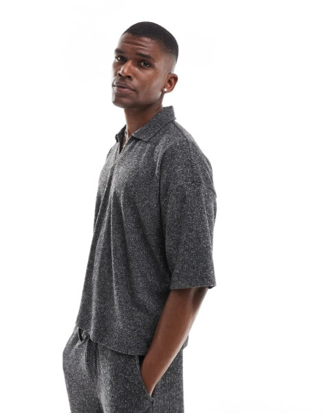 ASOS DESIGN co-ord heavyweight premium oversized boxy polo t-shirt with brushed rib in charcoal