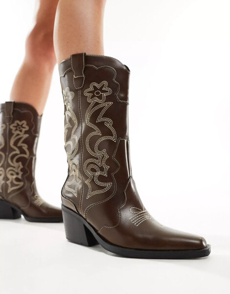 Pull&Bear western cowboy boot with embroidered detail in dark brown