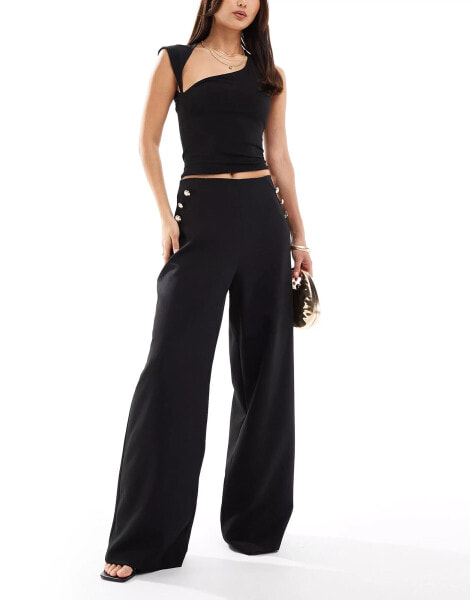 ASOS DESIGN tailored wide leg trouser with gold button detail in black