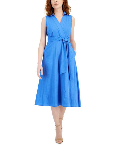 Women's Faux-Wrap Linen Midi Dress