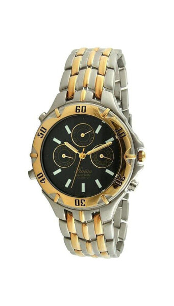 Men's Two Tone Silver and 23K Gold Plated Multifunction Black Dial Gold Sports Bezel Dress Watch