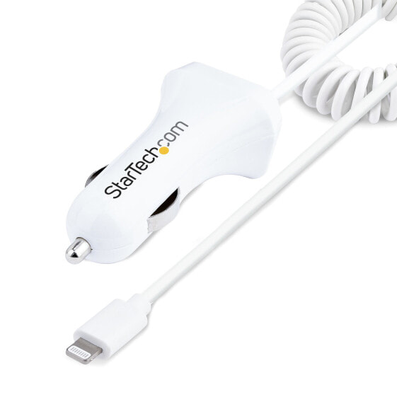 StarTech.com Lightning Car Charger with Coiled Cable - 1m Coiled Lightning Cable - 12W - White - 2 Port USB Car Charger Adapter for Phones and Tablets - Dual USB In Car iPhone Charger - Auto - Cigar lighter - 5 V - 1 m - White