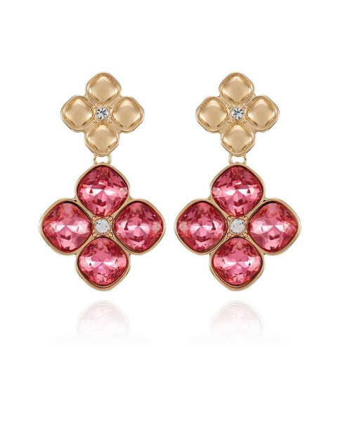 Gold-Tone Rose Glass Stone Clip On Drop Earrings