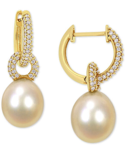 Cultured Golden South Sea Oval Pearl (9mm) & Diamond (1/2 ct. t.w.) Dangle Huggie Hoop Earrings in 14k Gold