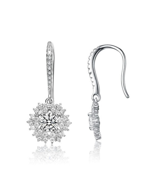 White Gold Plated with Cubic Zirconia Snowflake Cluster Drop Earrings with Wire Hooks