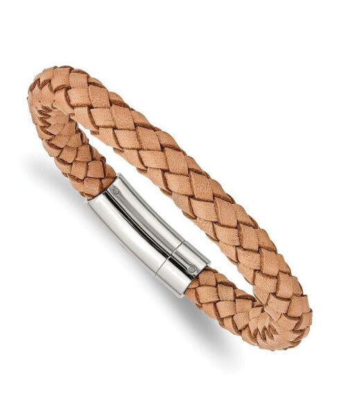 Stainless Steel Polished Light Tan Braided Leather Bracelet