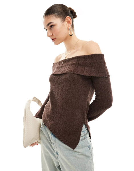 Pimkie knit fold detail asymmetric neckline top in brown