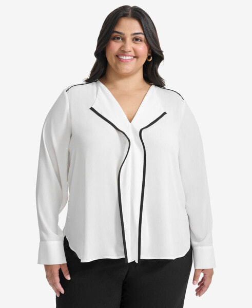 Plus Size Contrast-Trim Long-Sleeve Blouse