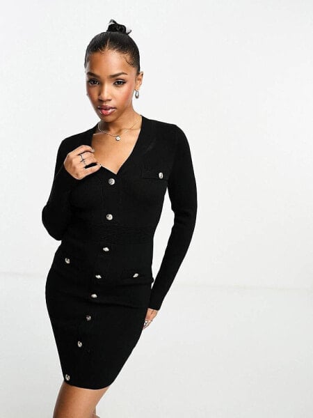 New Look button detail knitted dress in black