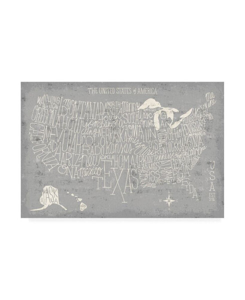 Michael Mullan Hand Lettered USA Map Gray Canvas Art - 20" x 25"