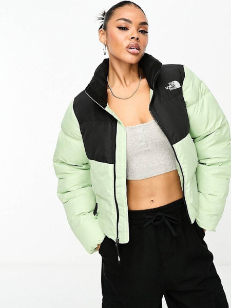 The North Face Saikuru cropped puffer jacket in sage green and black