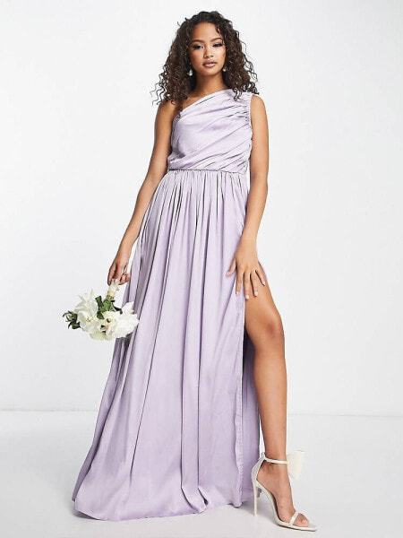 Anaya Bridesmaid satin one shoulder thigh split dress in lilac